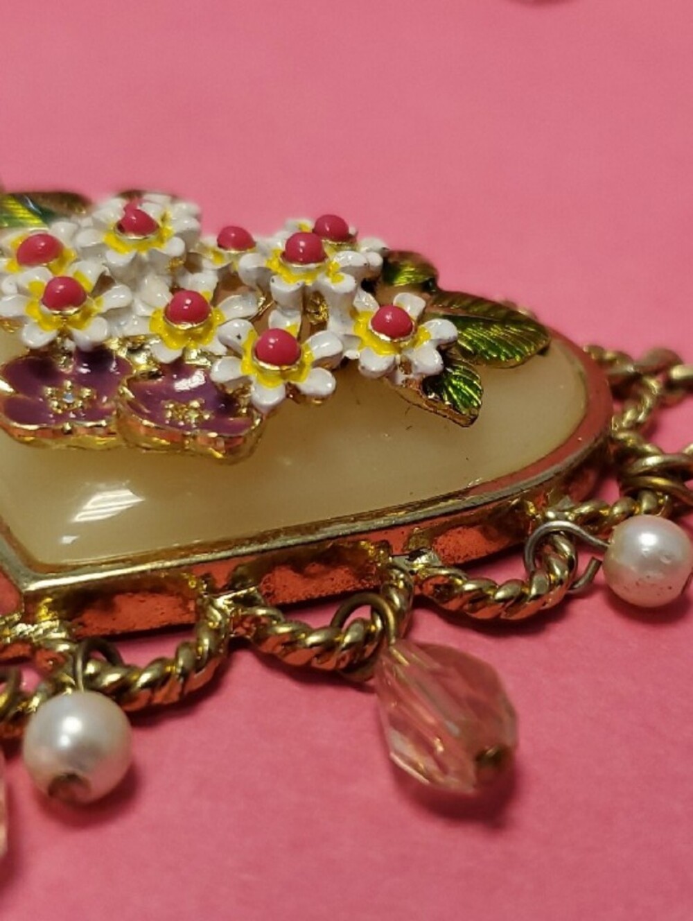 Betsey Johnson Gold Heart Necklace with Pink Beads and Pearl Accents - Picture 5 of 6